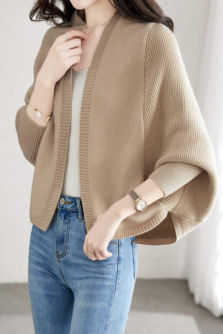 Plain Batwing Sleeve Hooded Knit Cardigan - liwisi