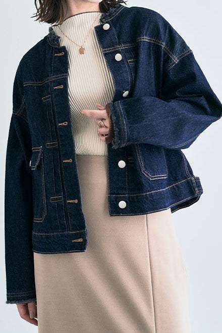 ラウンドネックフリンジ装飾デニムジャケット - liwisi