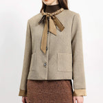 ボウタイカラーサテン切替ツイードジャケット 裏地付 2色入 - liwisi