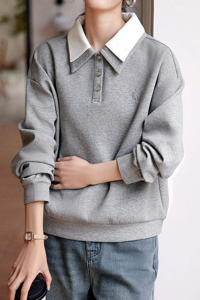 Double Polo Collar Logo Embroidered Drop Shoulder Sweatshirt - liwisi