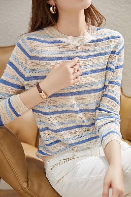 Round Neck Striped Knit Sweater - liwisi