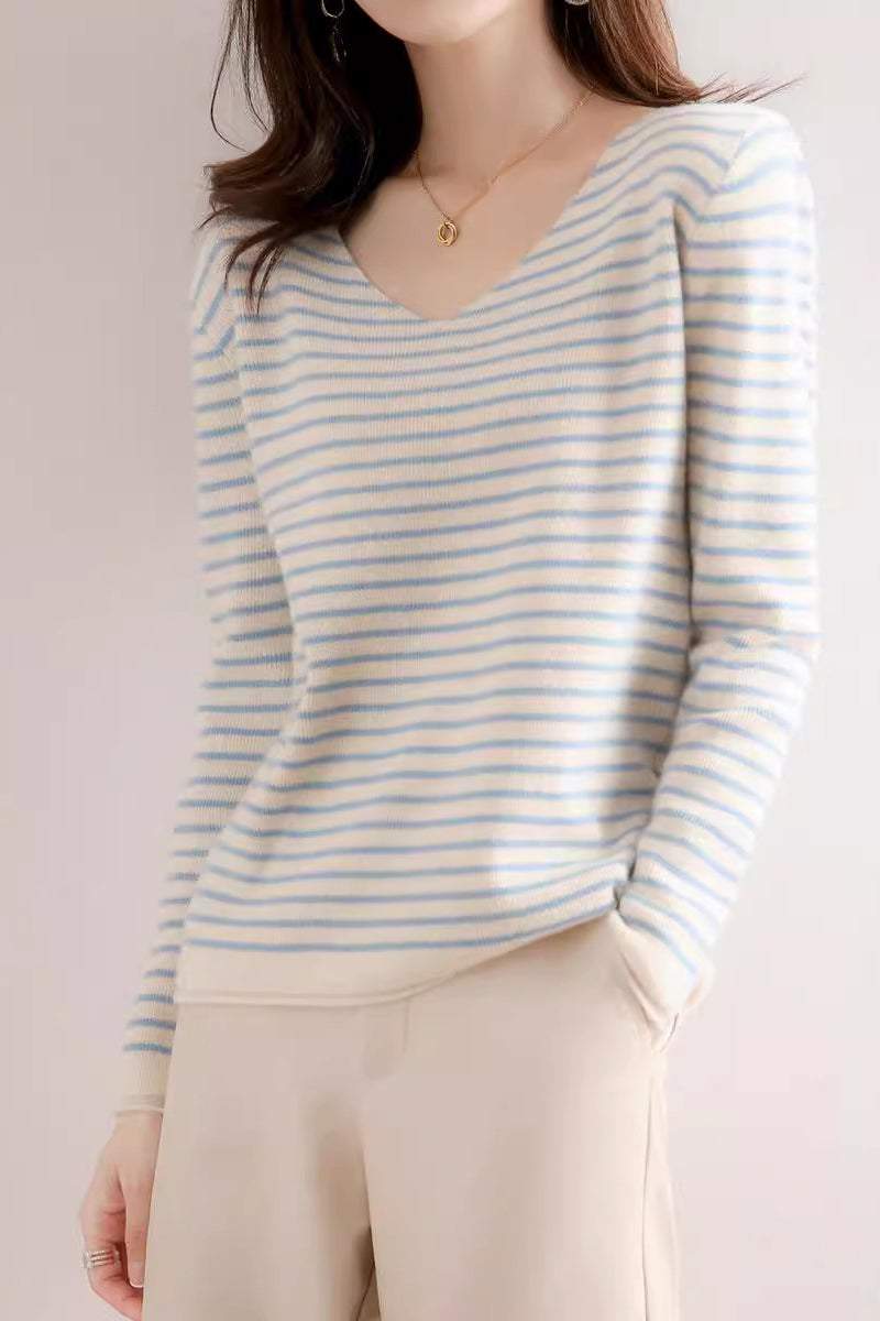 Striped Contrast V-Neck Knit Top - 6 Colors Available - liwisi