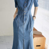 V-Neck Front Slit Mermaid Denim Dress - liwisi