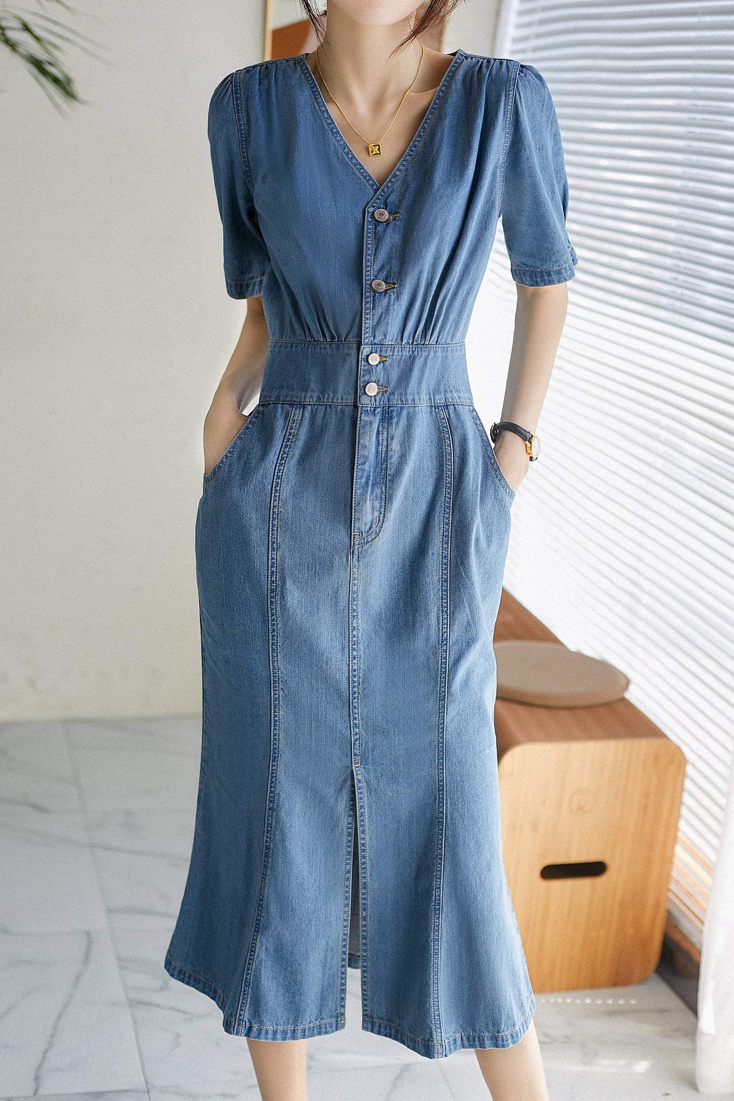 V-Neck Front Slit Mermaid Denim Dress - liwisi