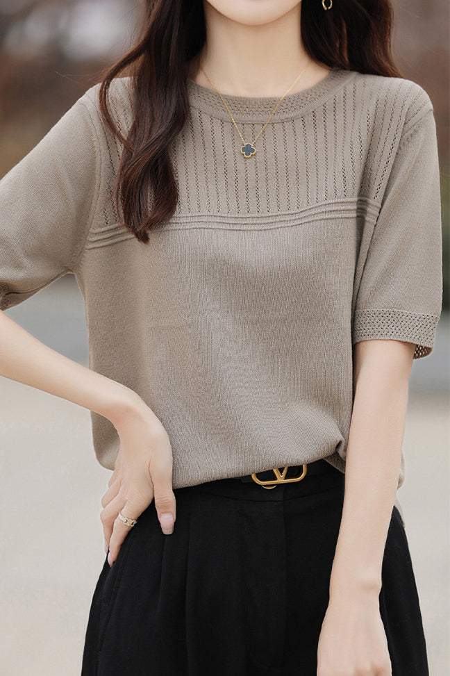 Round Neck Openwork Knit Top - 5 Colors Available - liwisi