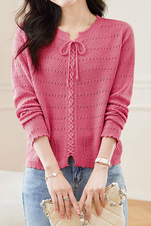 Hollowed-out round-neck knitted shirt - liwisi