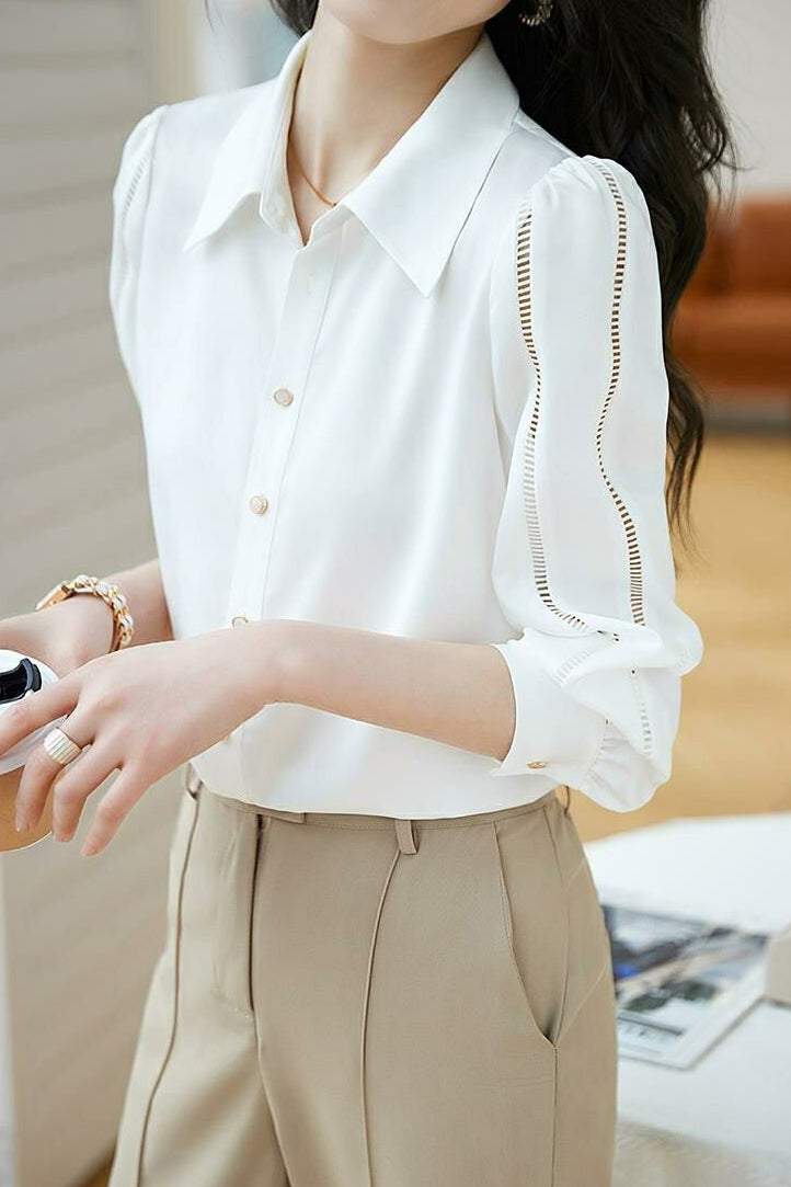Simple Design Fagoting Sleeve Shirt - liwisi