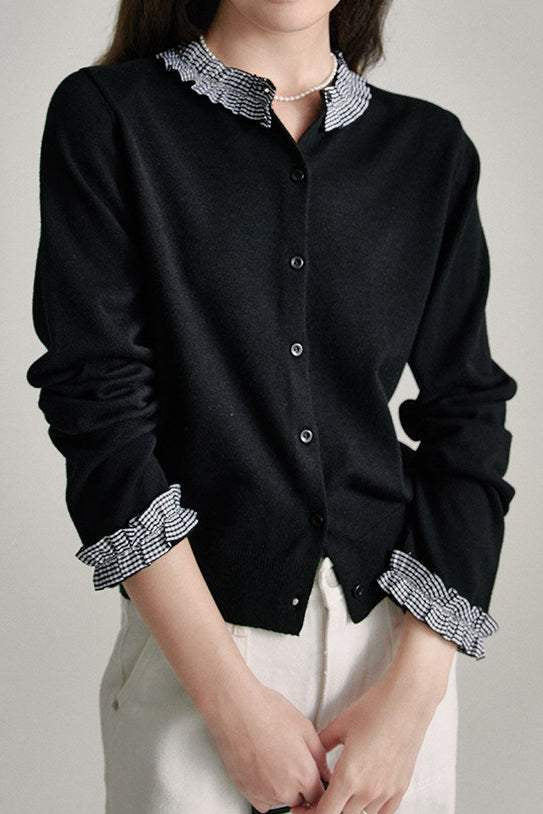 French Ruffle-Trim Cashmere-like Knit Cardigan - liwisi