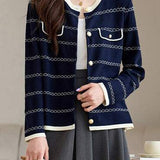 Elegant Round Neck Long Sleeve Striped Cardigan - 4 Colors Available - liwisi
