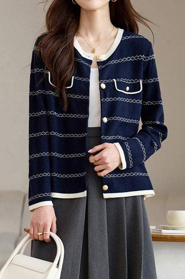 Elegant Round Neck Long Sleeve Striped Cardigan - 4 Colors Available - liwisi