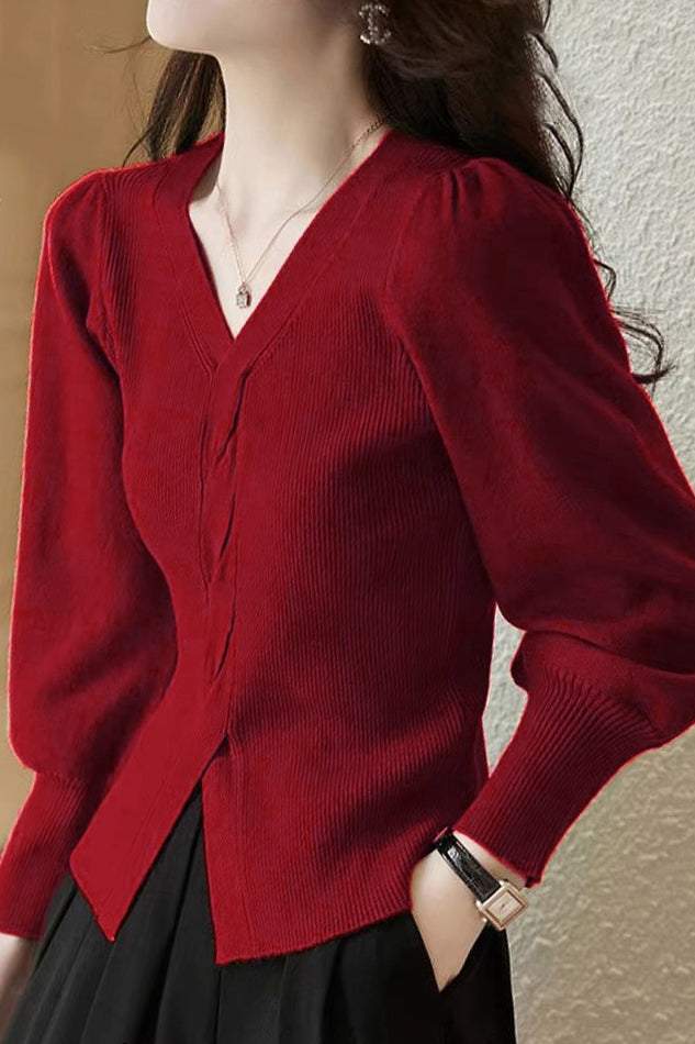 Simple Solid V-Neck Sweater - liwisi