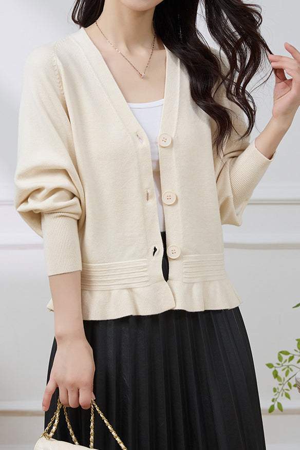 V-Neck Ruffle Hem Knit Cardigan - 4 Colors Available - liwisi
