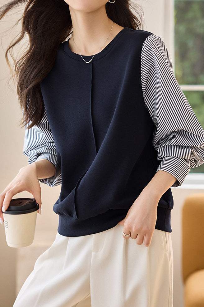 Striped Panel Round Neck Sweatshirt - liwisi