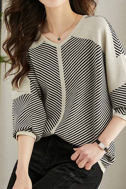 V-Neck Diagonal Stripe Contrast Knit Top - 2 Colors Available - liwisi