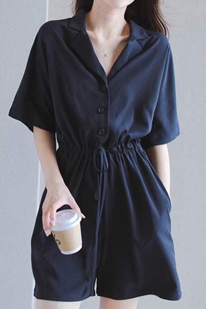 Notch Lapel Color Drawstring Short Overall - 2 Colors Available - liwisi