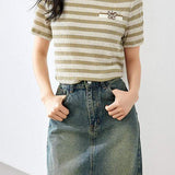 Round Neck Butterfly Embroidered Decor Striped T-Shirt - liwisi