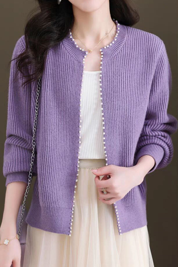 Pearl-decorated knitted sweater cardigan - liwisi