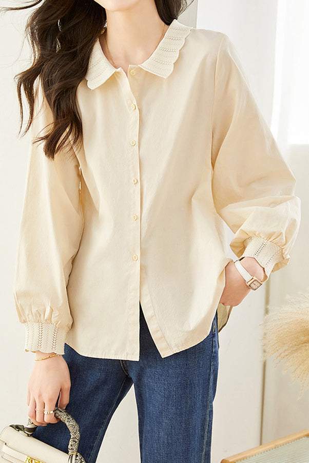 Scalloped Collar Puff Sleeve Long Sleeve Shirt - 2 Colors Available - liwisi