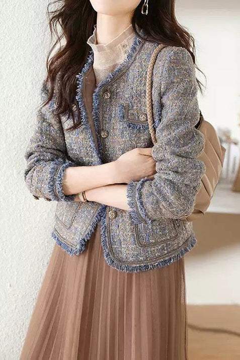 Elegant-Inspired Round Neck Fringe Decor Jacket with Lining - liwisi