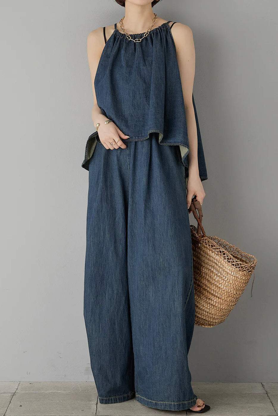 Two-Piece Set: Irregular Hem Drawstring Denim Camisole Top + Effortless Maxi Wide Denim Pants - 2 Colors Available - liwisi