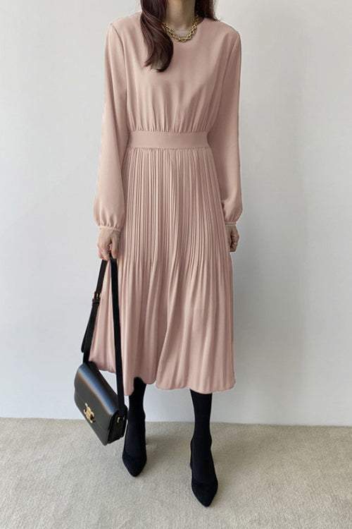 Round Neck Pleated Contrast Long Flare Dress - 4 Colors Available - liwisi