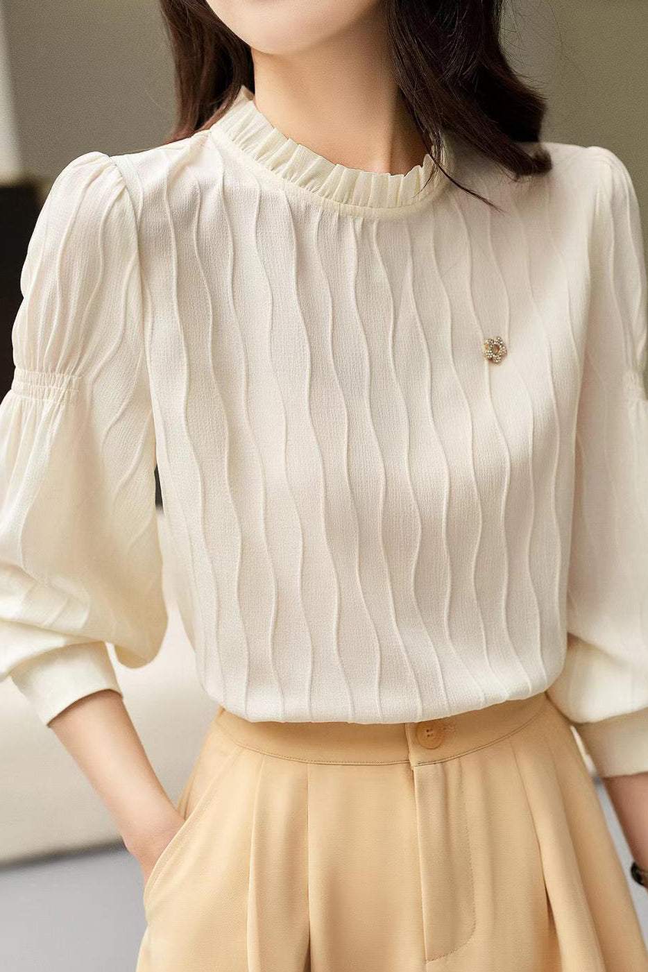 Ruffled Collar Flower Brooch Decor Striped Blouse - 3 Colors Available - liwisi