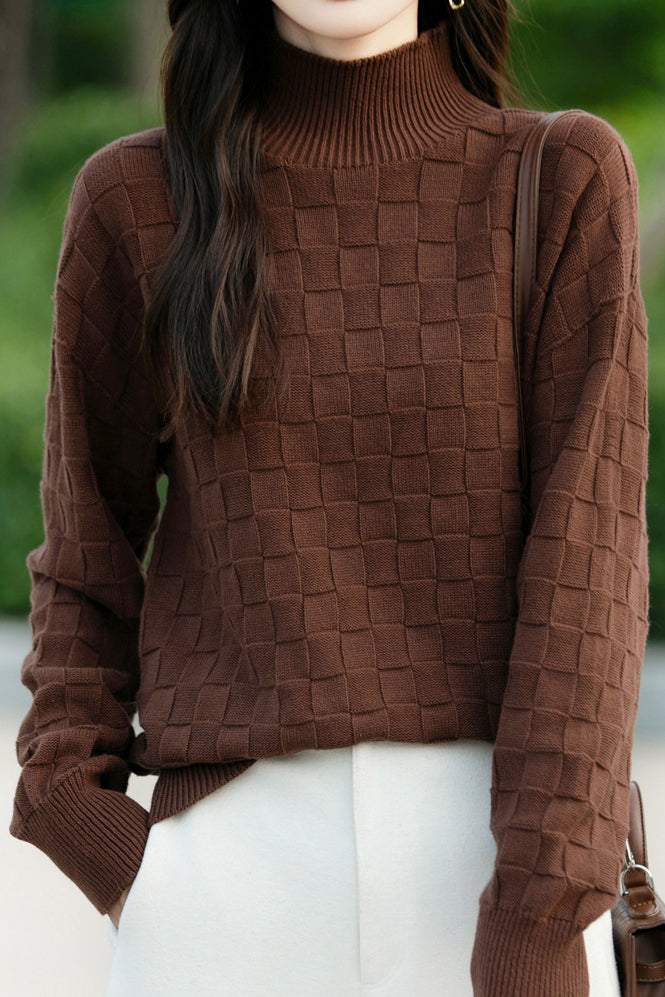 Half turtleneck solid-color sweater with square decorations - liwisi