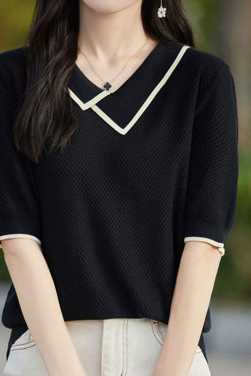 Asymmetrical Chelsea Collar Short Sleeve Knit - 3 Colors Available - liwisi