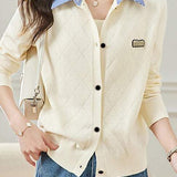 Mixed Material Shirt Collar Striped Logo Embroidered Knit Cardigan - 3 Colors Available - liwisi