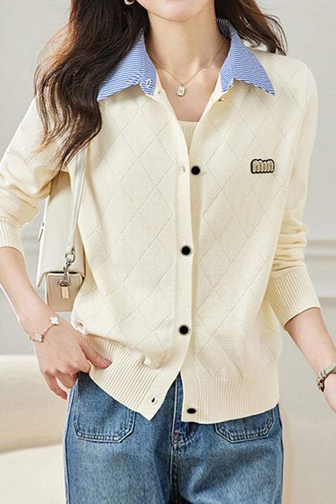 Mixed Material Shirt Collar Striped Logo Embroidered Knit Cardigan - 3 Colors Available - liwisi