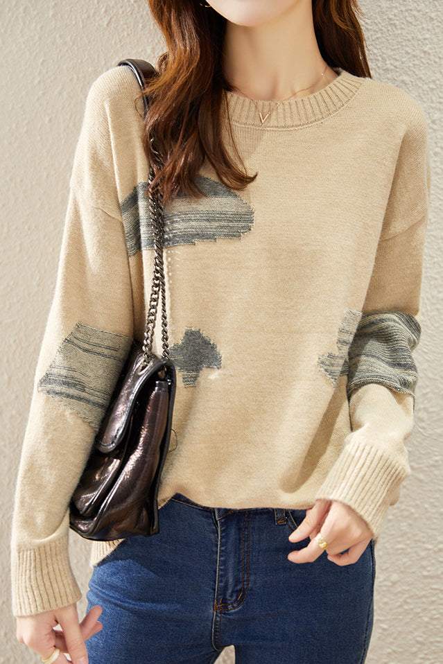 Round-neck spliced knitted sweaters - liwisi