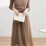 Two-Piece Set: V-Neck Button Decor Simple Knit + Tulle Long Flare Skirt with Lining - 2 Colors Available - liwisi