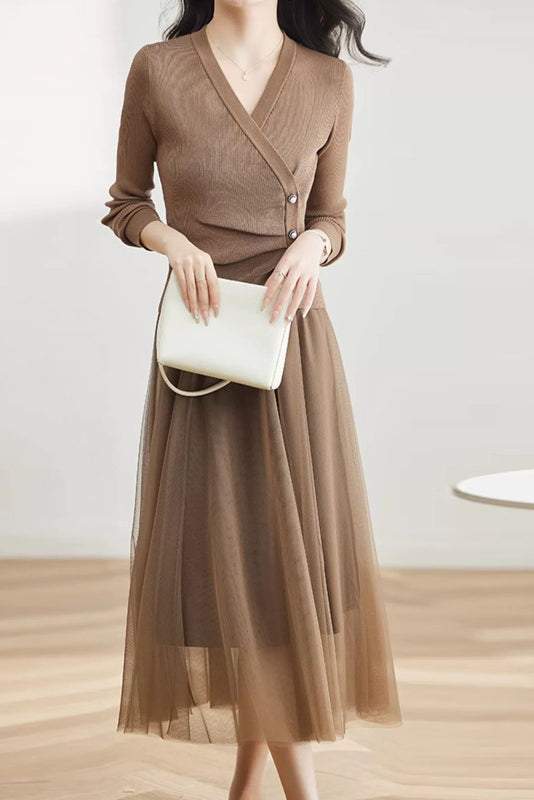 Two-Piece Set: V-Neck Button Decor Simple Knit + Tulle Long Flare Skirt with Lining - 2 Colors Available - liwisi