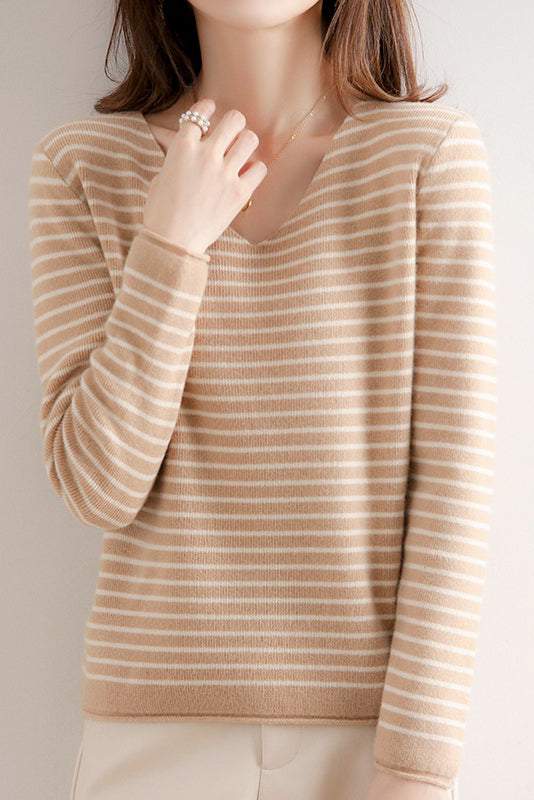Striped Contrast V-Neck Knit Top - 6 Colors Available - liwisi