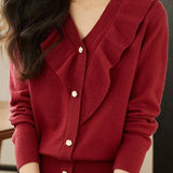 Elegant V-Neck Ruffle Decor Knit Top - liwisi
