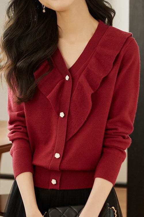 Elegant V-Neck Ruffle Decor Knit Top - liwisi