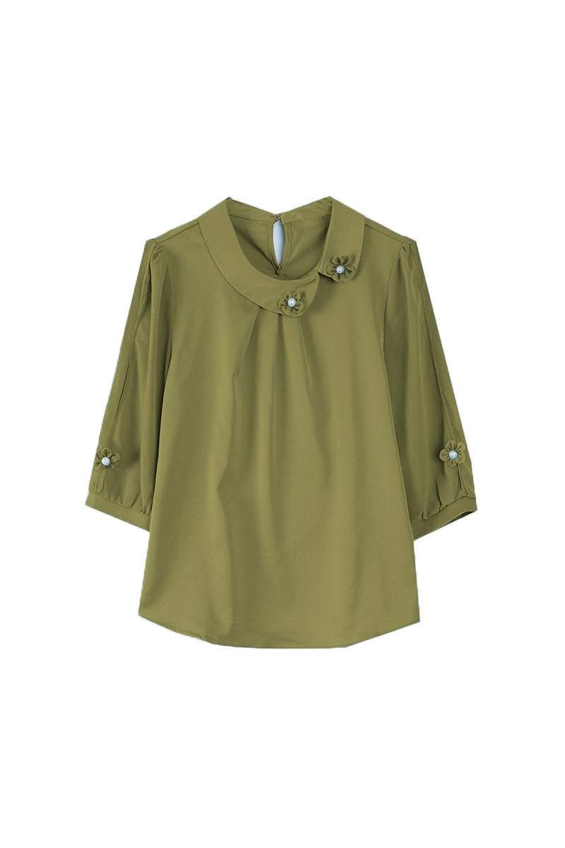 Diagonal Shirt Collar 3D Flower Pearl Decor Satin Blouse - 2 Colors Available - liwisi