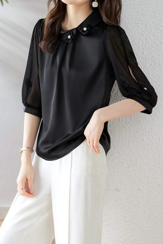 Diagonal Shirt Collar 3D Flower Pearl Decor Satin Blouse - 2 Colors Available - liwisi