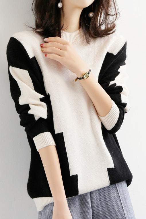 Fashion color-blocking knitted sweater - liwisi