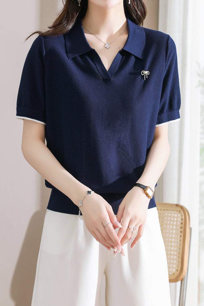 スキッパーカラーブローチ装飾ニットトップス 3色入 - liwisi