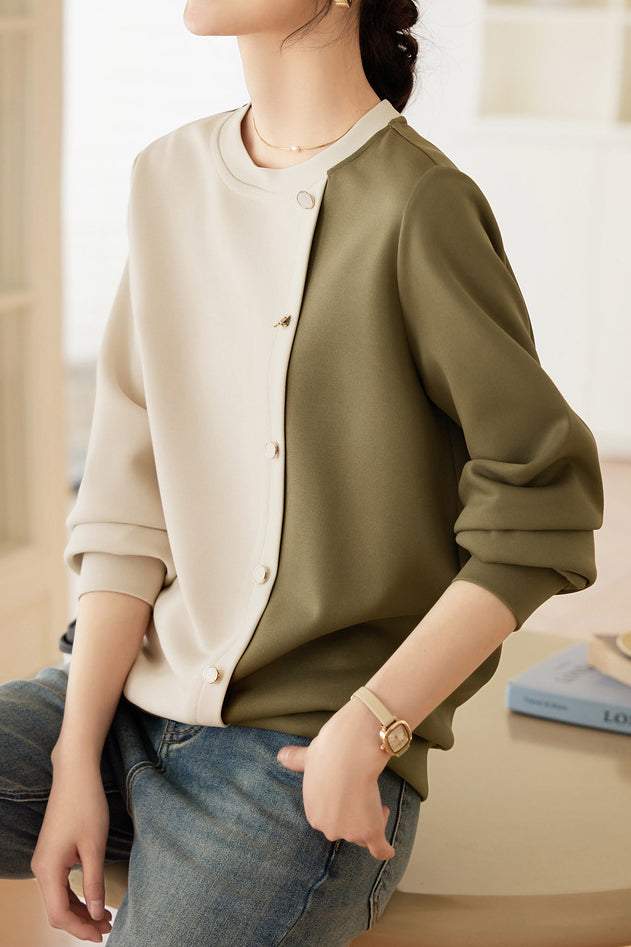 Bi-Color Button Decor Asymmetrical Sweatshirt - liwisi