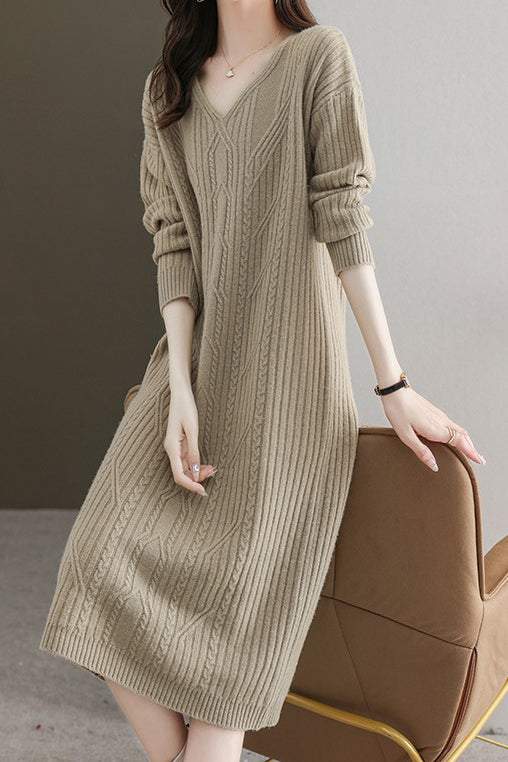 Simple and Comfortable Long Jacquard Knit Dress in 2 Colors - liwisi