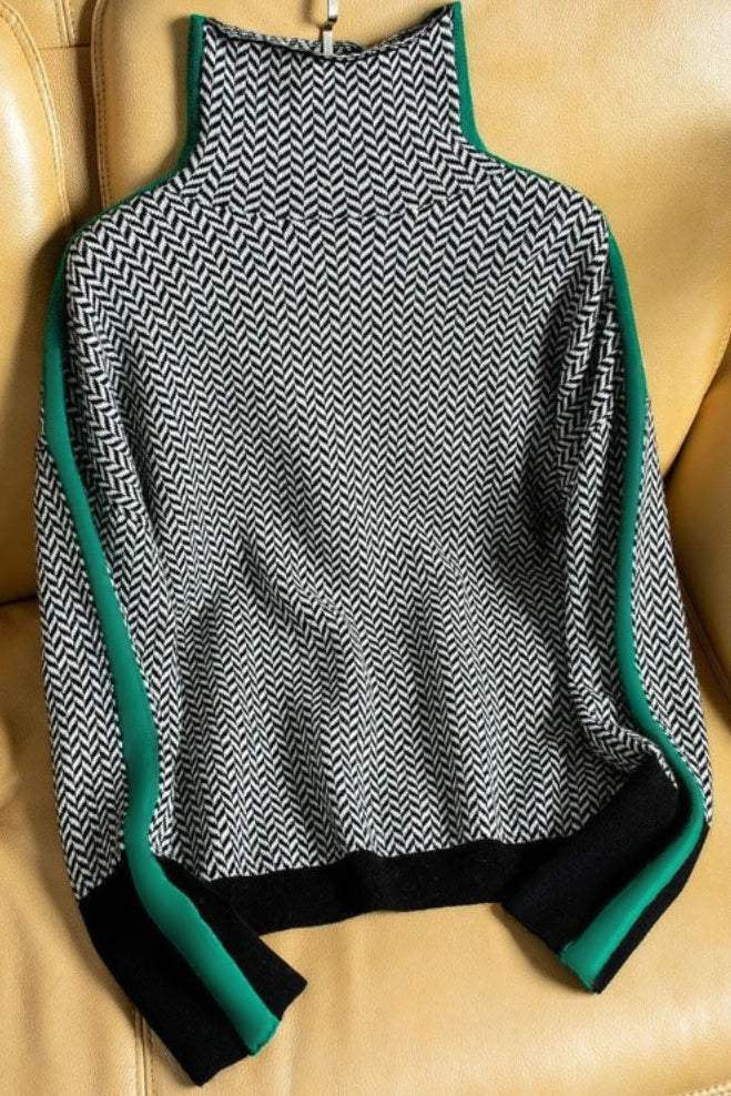 Contrast-color high-neck knitted sweater - liwisi