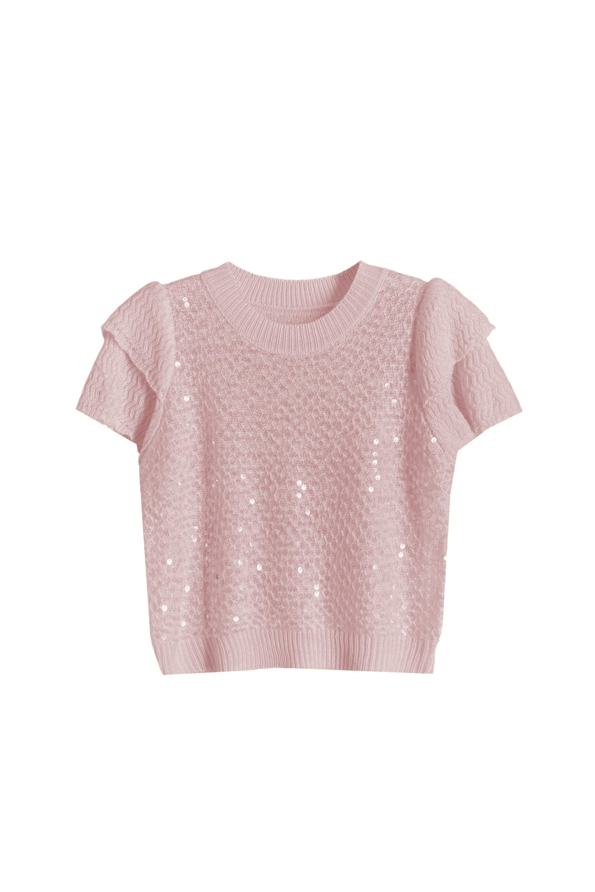 Round Neck Glitter Decor Double Sleeve Knit - 3 Colors Available - liwisi