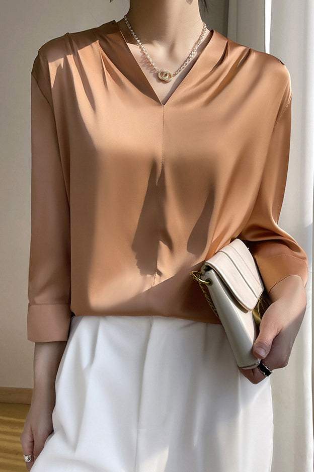 V-Neck Front Tuck Satin Blouse - 5 Colors Available - liwisi