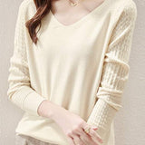 Solid-color V-neck knitted top - liwisi