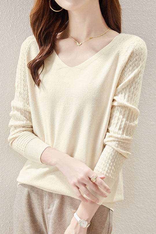 Solid-color V-neck knitted top - liwisi