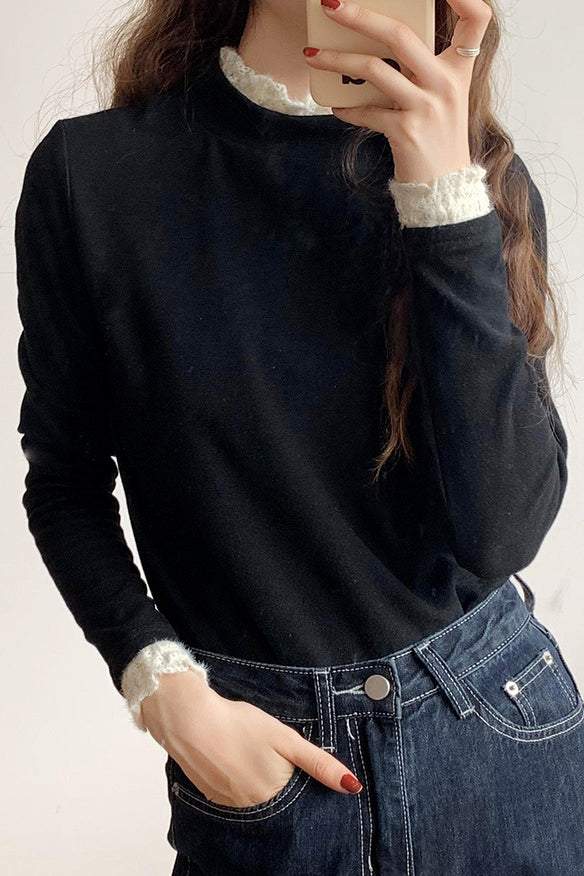 Fleece-lined knitted shirt with lace trim. - liwisi