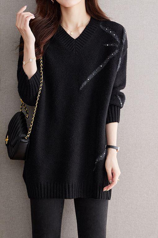 Fashion Beaded V-Neck Sweater - liwisi
