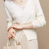 V-Neck Embroidered Lace Decor Knit Cardigan - 3 Colors Available - liwisi